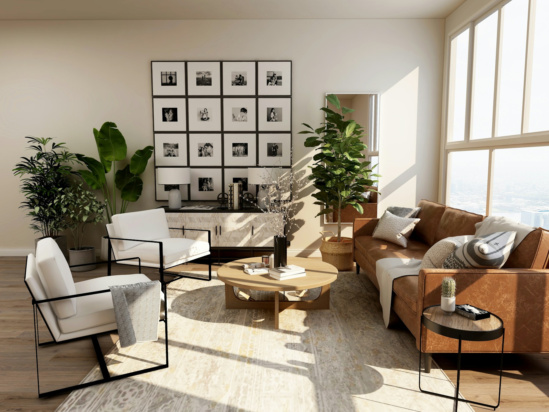 Warm, sunlit living room styled with neutral seating, greenery, and natural textures